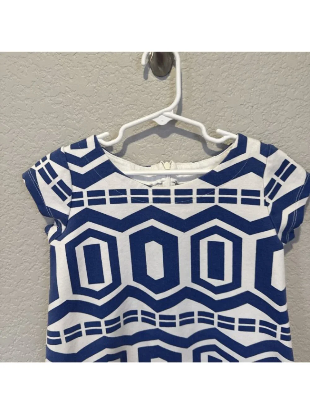 Gymboree knitted jumper dress, blue white size 7 Geometric Shift Short Sleeve